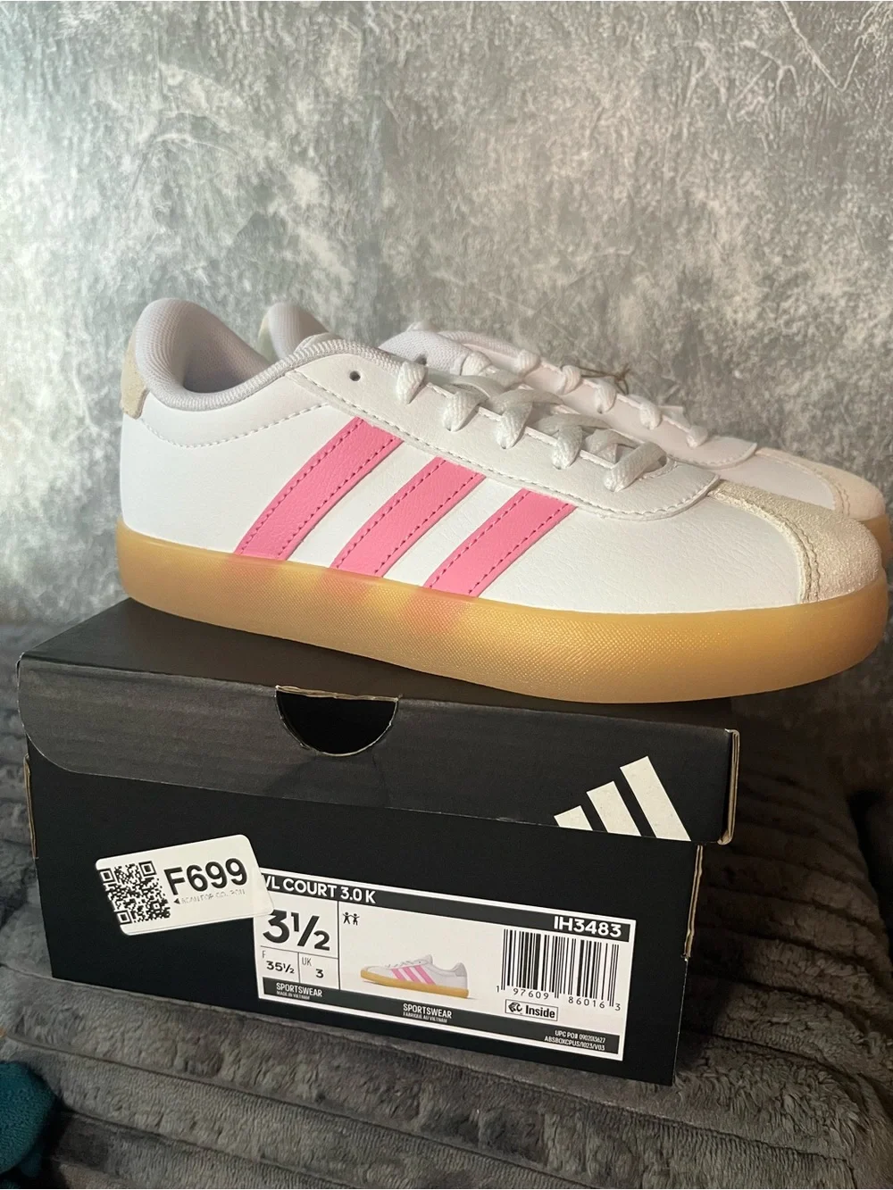 adidas Kids White & Pink VL Court 3.0 Sneakers with Gum Sole new in box